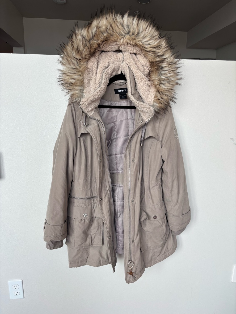 DKNY Taupe Hooded Puffer Coat with Faux-Fur Trim